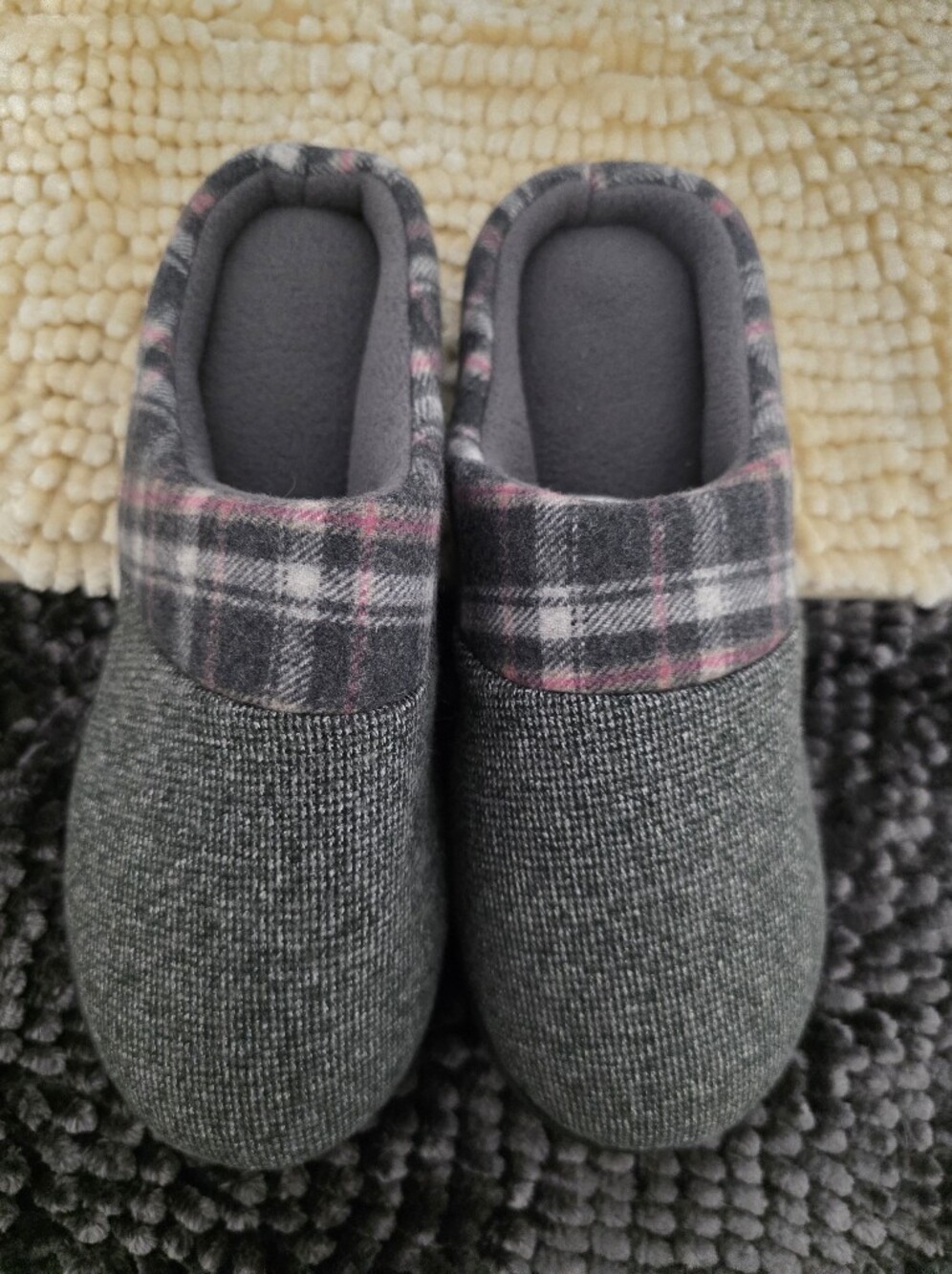 Gray Plaid-Trim Women Slippers - Comfort Lined